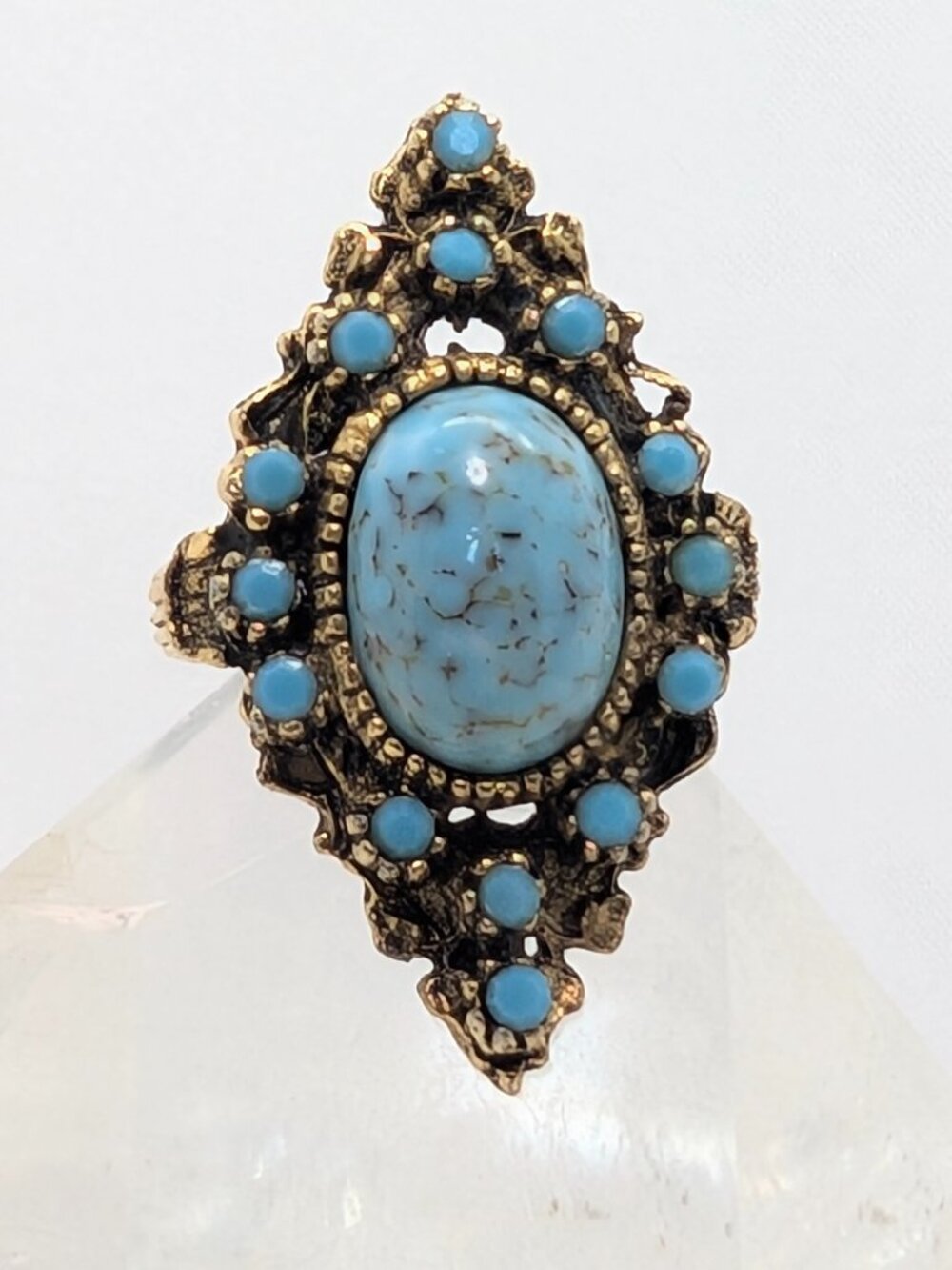 Vintage Style Turquoise Blue Cabochon Gold Tone Statement Ring